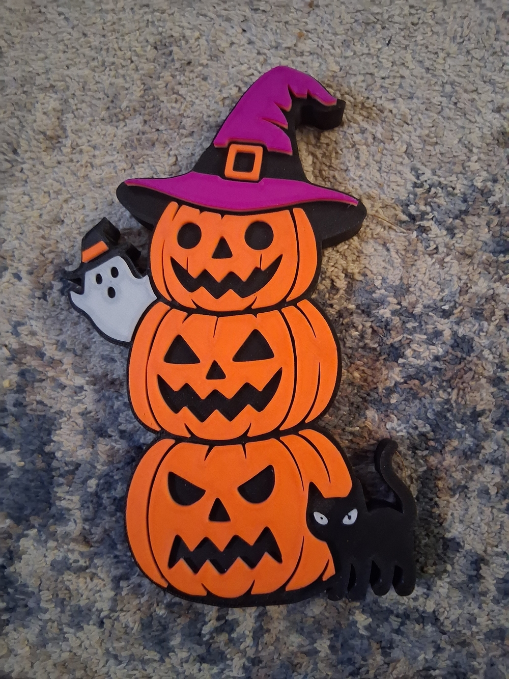 Halloween Pumpkin Stack Door Hanger with Purple Witch Hat and Black Cat